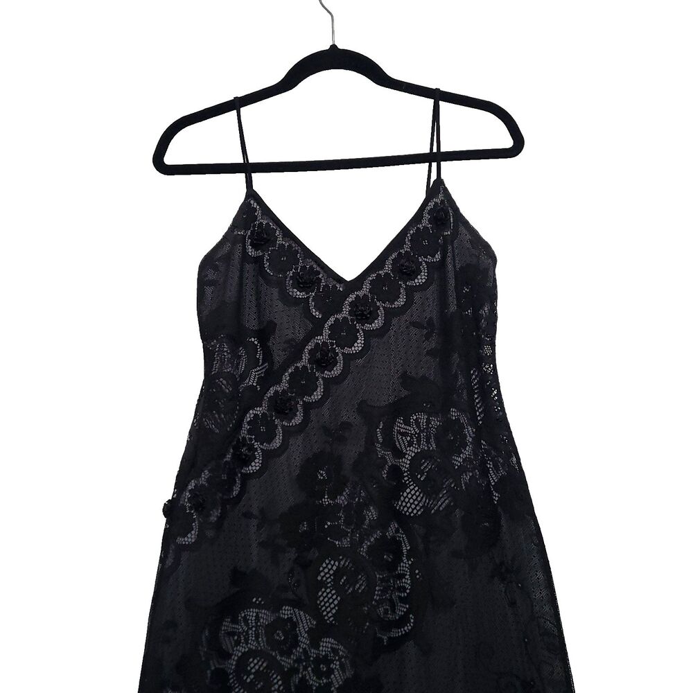 Y2K Whimsigoth Maxi Slip Dress Laundry Black Lace over gray satin 3D Ribbon rose - Picture 3 of 16
